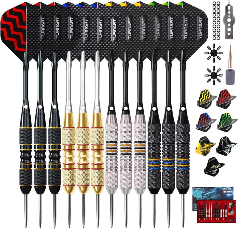 Turnart Darts Metal Tip Set - Steel Tip Darts Darts Set Professional Metal Darts 12 pcs 22/24 Grams Pro Dart Set with Stylish Case Aluminum Shafts Extra 9 Flights - Image 1